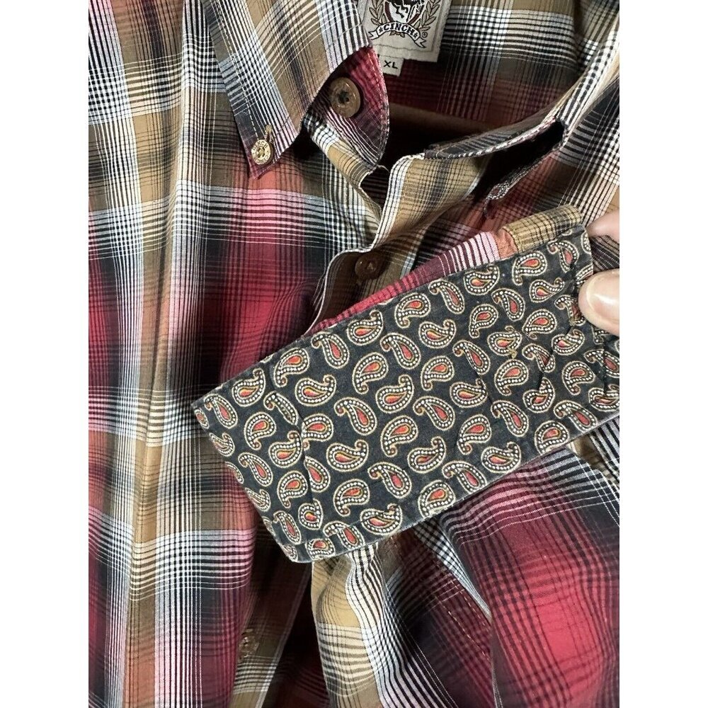 CINCH MEN'S XL 100 % COTTON PLAID RED/BROWN LONG SLEEVE COLLAR WESTERN SHIRT - Picture 6 of 9